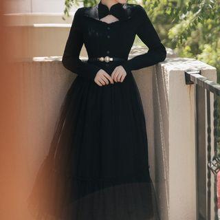 Set: Cutout Ribbed Midi Knit Dress + Faux Pearl Belt