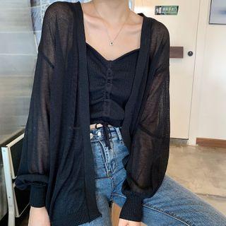 Plain Loose-fit Cardigan / Drawstring Sleeveless Top