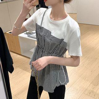 Short-sleeve Mock-two-piece Plaid T-shirt