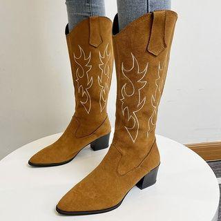 Pointed Embroidered Block Heel Boots