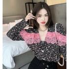 Long-sleeve Lace Floral Blouse Black - One Size