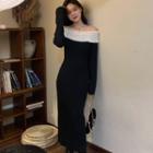 Long Sleeve Off-shoulder Frill Trim Knit Dress Black - One Size