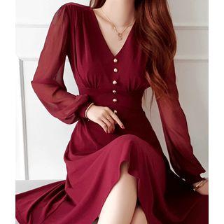 V-neck Sheer-sleeve Midi Flare Dress