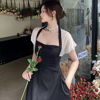 Short-sleeve Square-neck Two-tone Midi A-line Dress