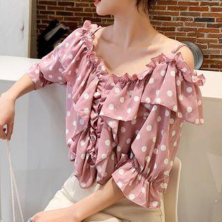 Polka Dot Cold-shoulder Ruffle Blouse