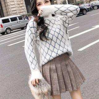 Set: Mock-neck Patterned Sweater + Plaid Pleated Skirt