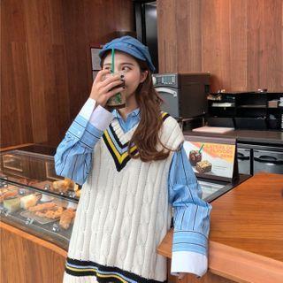 Striped Shirt / Cable Knit Vest