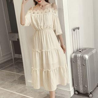 Crochet Off Shoulder 3/4 Sleeve Midi Dress