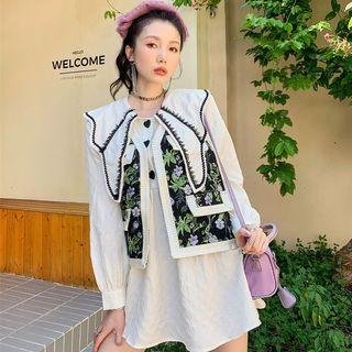 Long-sleeve Wide Collar Mini Dress / Floral Sweater Vest