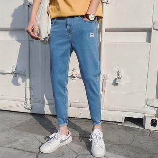 Smiley Face Embroidered Slim Fit Jeans