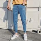 Smiley Face Embroidered Slim Fit Jeans