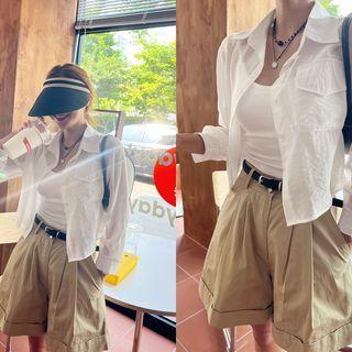 Flap-pocket Crop Shirt Ivory - One Size