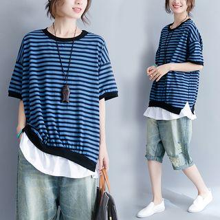 Striped Round-neck Short-sleeve T Shirt Stripe - Blue & Black - L