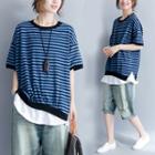 Striped Round-neck Short-sleeve T Shirt Stripe - Blue & Black - L