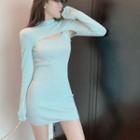 Set: Long-sleeve Crop Top + Mini Sheath Tank Dress Mint Green - One Size