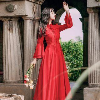 Long-sleeve A-line Midi Dress / Cape / Set