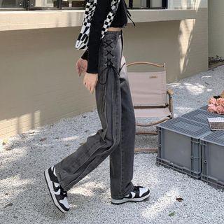 Lace-up High-waist Straight-leg Jeans