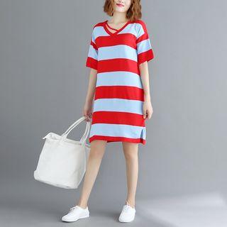Elbow-sleeve Color Block Knit T-shirt Dress