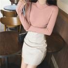 Mock-neck Knit Top / Faux Leather A-line Mini Skirt