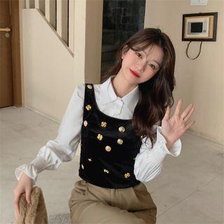 Set: Plain Shirt + Button-up Vest Set Of 2 - Shirt - White / Vest - Black - One Size