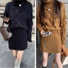 Set: Long-sleeve Turtleneck Cable-knit Sweater + Skirt