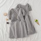 Check Short Sleeve A-line Dress / Puff Sleeve Plaid Top / Check Mini A-line Skirt / Set