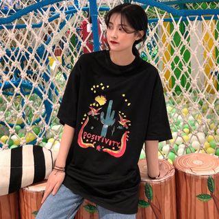 Elbow-sleeve Cactus Print T-shirt Black - One Size