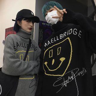 Turtleneck Smiley Face Jacquard Sweater