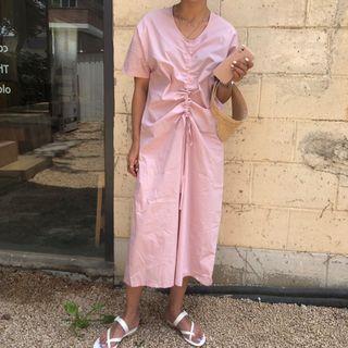 Short-sleeve Drawstring Midi Shift Dress