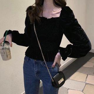 Long-sleeve Square-neck Peplum Top Black - One Size