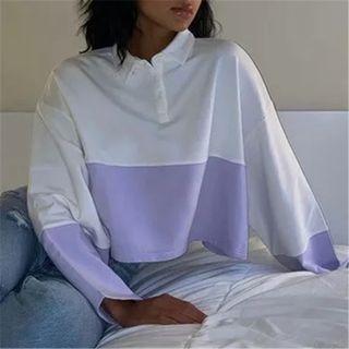 Long Sleeve Color-block Loose-fit Crop Polo Sweatshirt