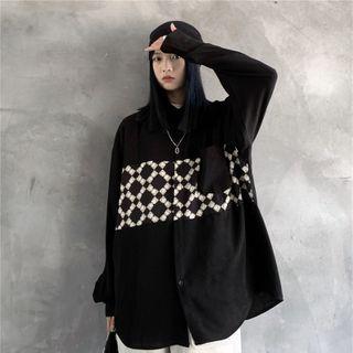 Long-sleeve Print Shirt White Pattern - Black - One Size