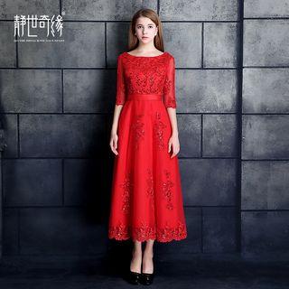 Embellished Elbow Sleeve Midi A-line Evening Dress