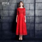 Embellished Elbow Sleeve Midi A-line Evening Dress