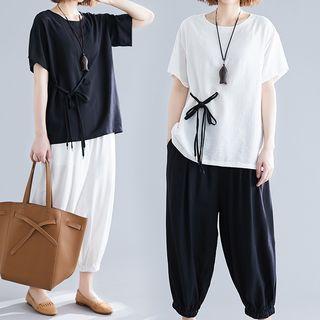 Set: Short-sleeve Ribbon Top + Harem Pants