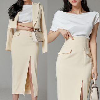 Set: Short-sleeve Plain Top + Slit Midi Pencil Skirt + Cropped Blazer