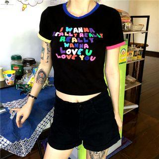 Short-sleeve Letter Contrast Trim Cropped T-shirt
