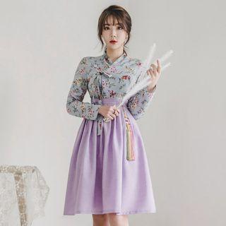Set: Hanbok Top (floral / Sky Blue) + Skirt (midi / Purple)