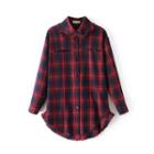Long-sleeved Pocketed Gingham Furry Open-front Blouse