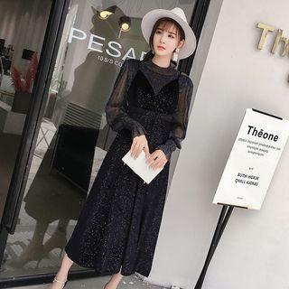 Set: Mock Neck Glitter Blouse + Spaghetti Strap Midi A-line Dress