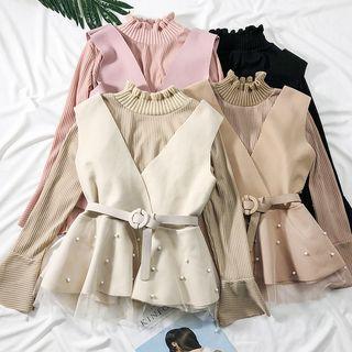 Set: Mock-neck Ruffled Knit Top + Faux-pearl Vest