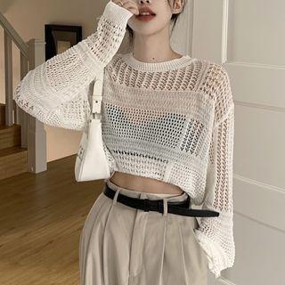 Crochet Knit Cropped Sweater White - One Size