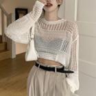 Crochet Knit Cropped Sweater White - One Size