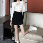 Long-sleeve Button T-shirt / Mini Fitted Skirt