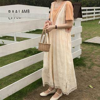 Plain Loose-fit Short-sleeve T-shirt / Lace Sleeveless Dress