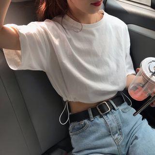 Plain Elbow-sleeve Crop T-shirt