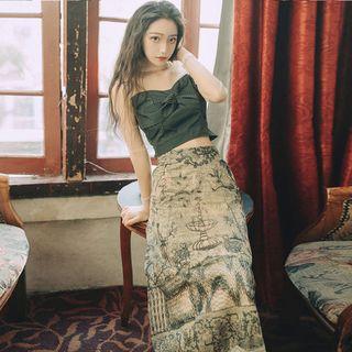 Set: Long-sleeve Dotted Top + Maxi Printed A-line Skirt