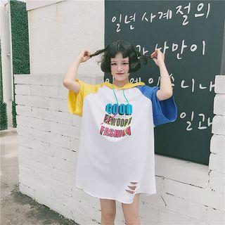 3/4-sleeve Color Block Letter Ripped Hoodie Dress