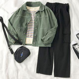 Contrast Stitching Denim Jacket / Striped Pullover / Straight-fit Pants