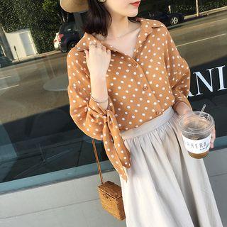 Dotted Chiffon Long-sleeve Blouse / Long-sleeve Band Collar Midi Shirt Dress